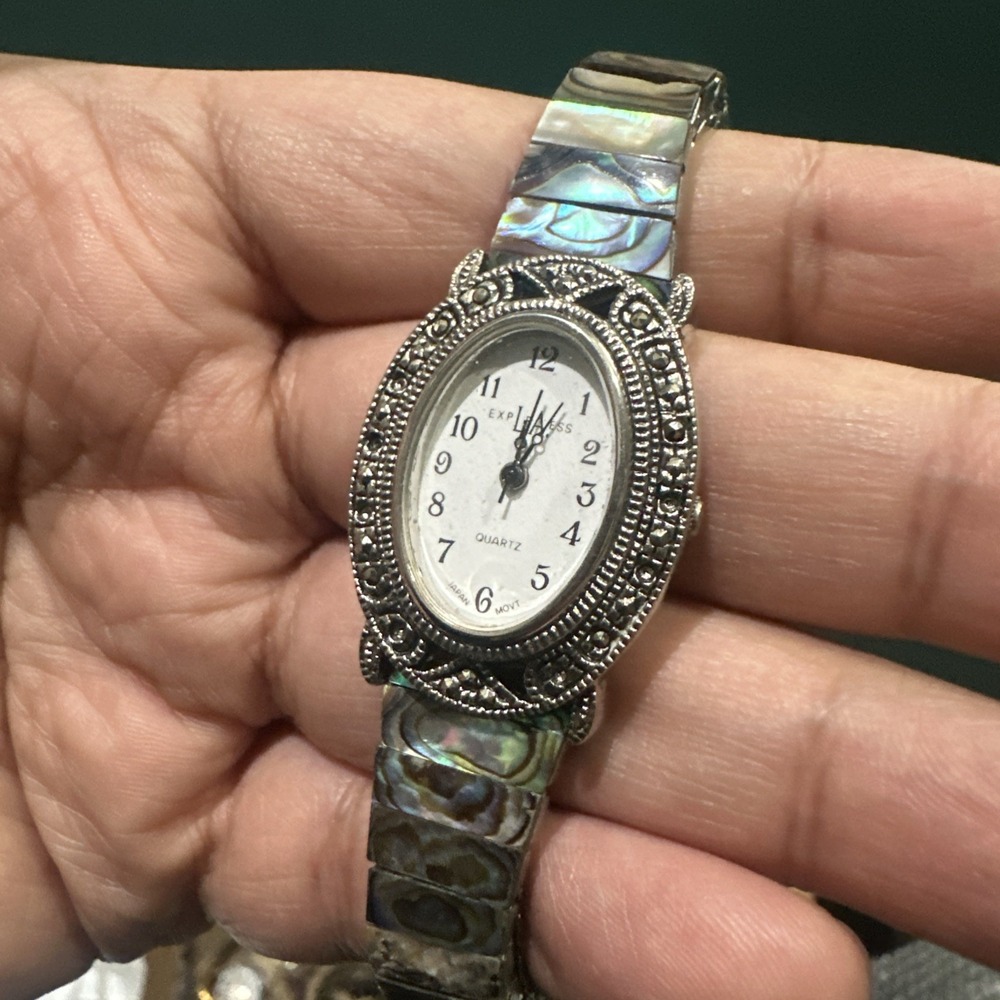 Works VTG LA Express Abalone Oval Silver Band 24mm Ladies Watch Fit 6.5